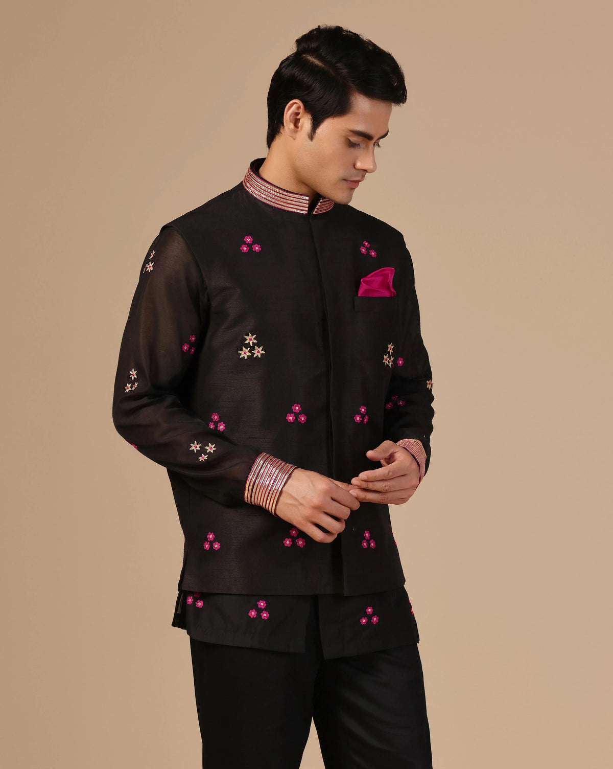 Black Chanderi Men's Nehru Jacket