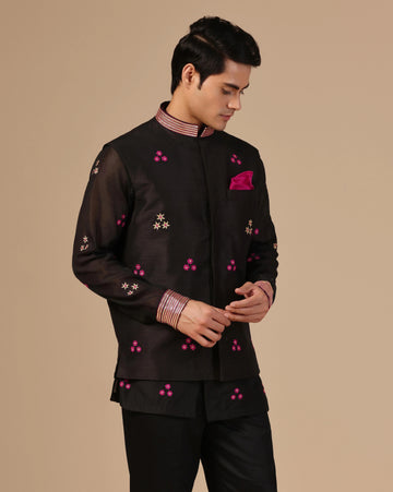 Black chanderi mens nerhu jacket