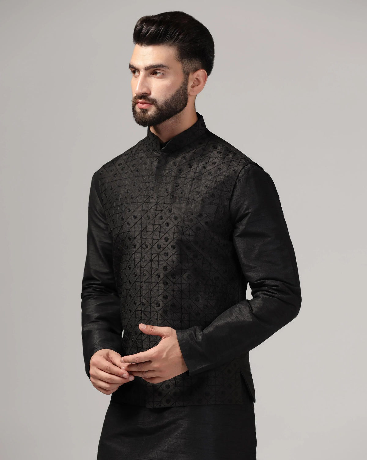Classic Black Aari Work Nehru Jacket & Kurta Set