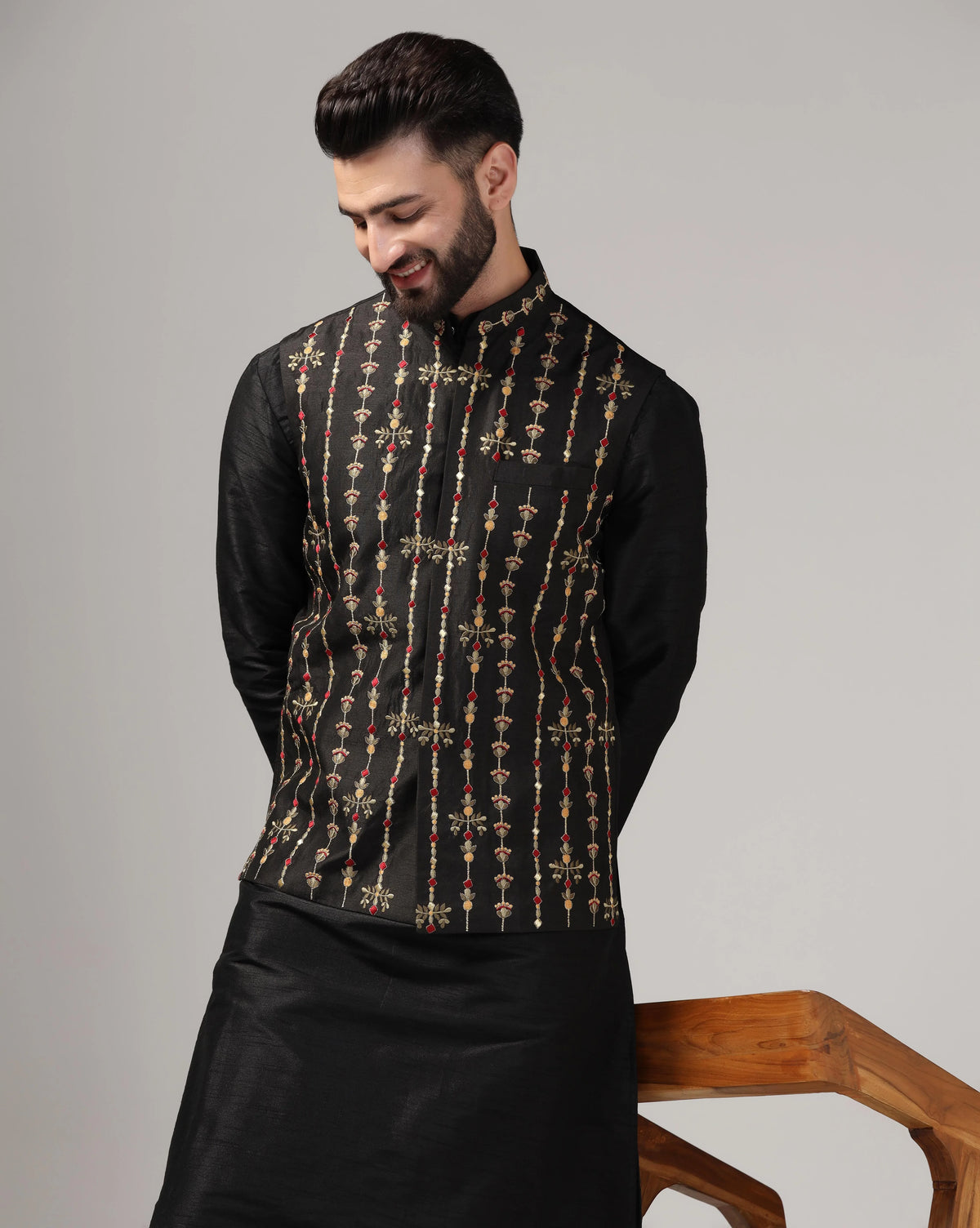 Men's Black Embroidered Nehru Jacket