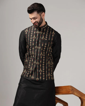 Mens black embroidered nehru jacket