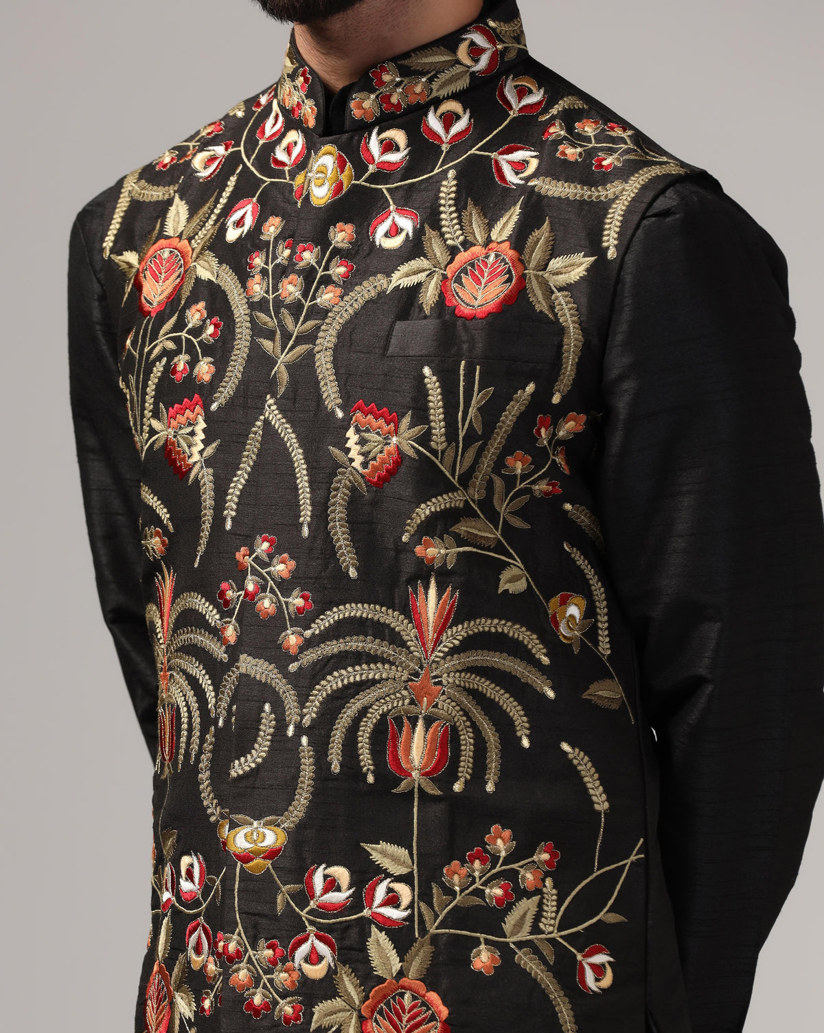 Men's Black Embroidered Nehru Jacket