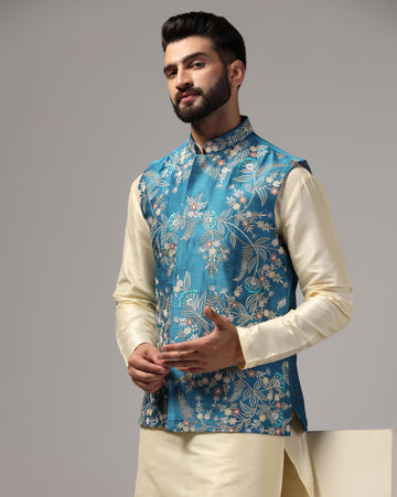 Blue embroidered mens nehru jacket