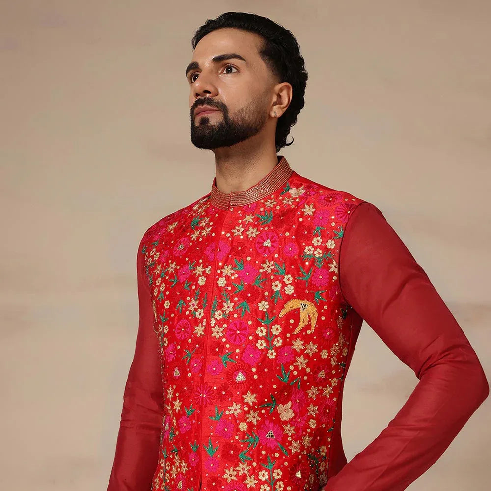 Red Embroidered Nehru Jacket