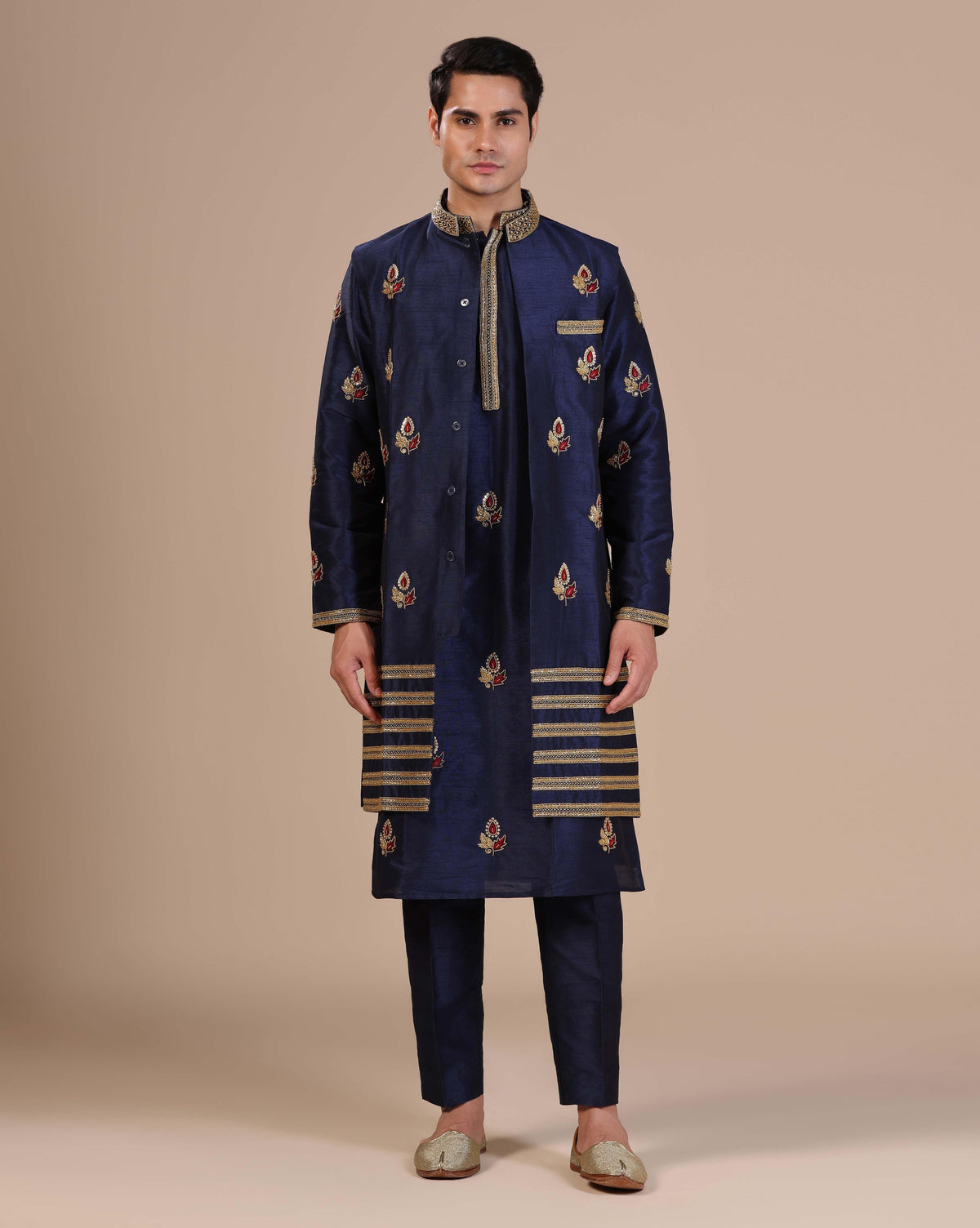 Blue Monotone Kurta Set With Long Jacket