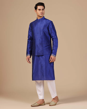 Mens Deep blue nehru jacket embroidered kurta set