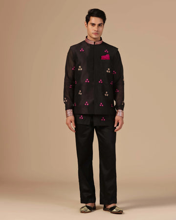 Traditional black chanderi nehru jacket with short kurta & pants