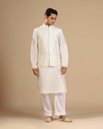 Elegant Off-white embroidered kurta set with Bundi(Nehru) Jacket