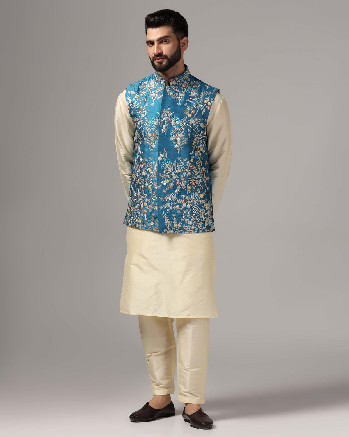 Men's Ethnic Cream Kurta Set With Blue Embroidered Nehru Jacket