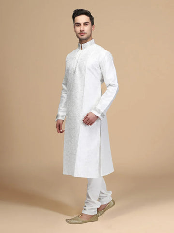 Elegant white embroidered mens Kurta set