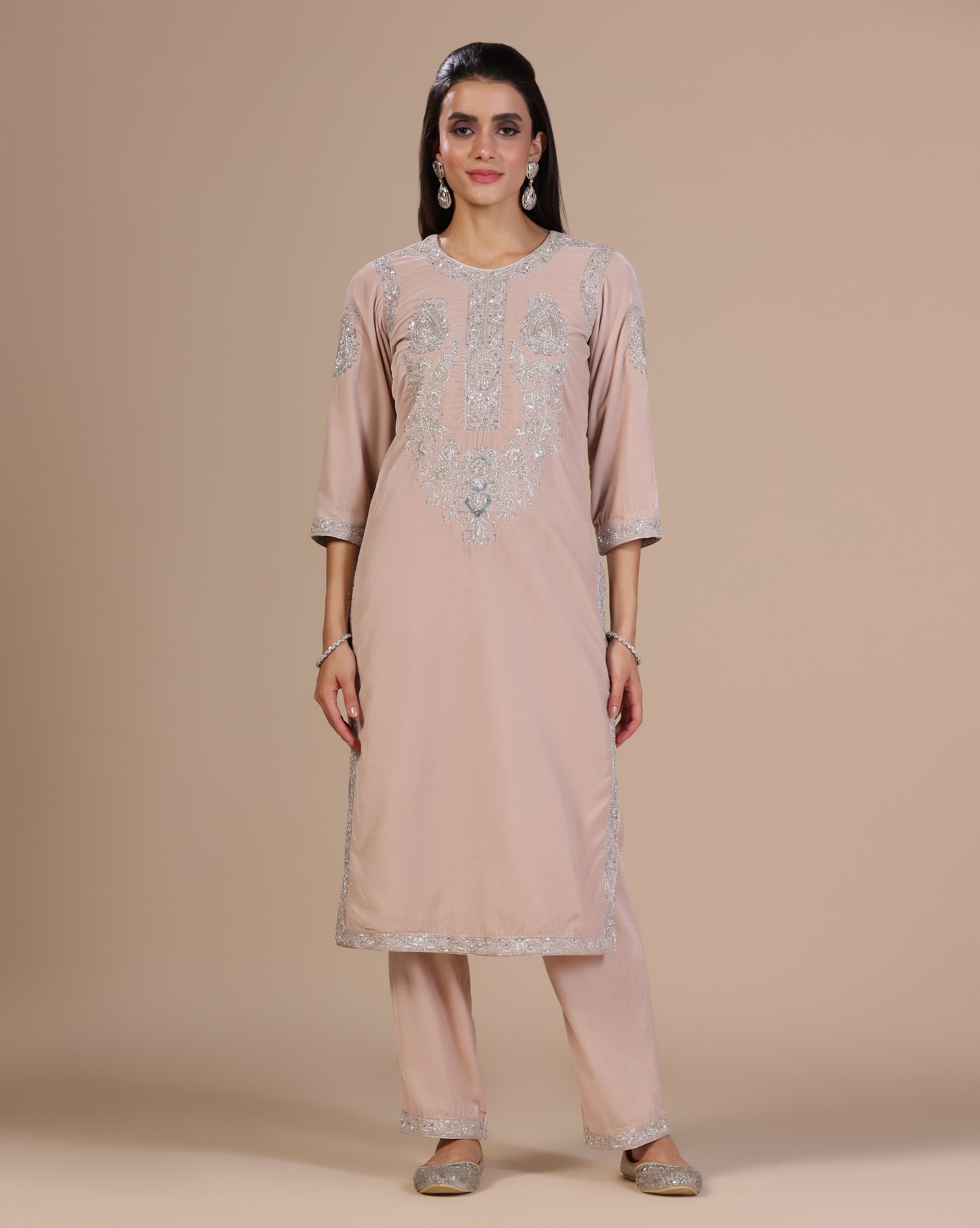 Velvet Blush Pink Embroidered Kurta Set