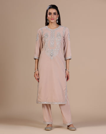 Velvet Blush Pink Embroidered Kurta Set