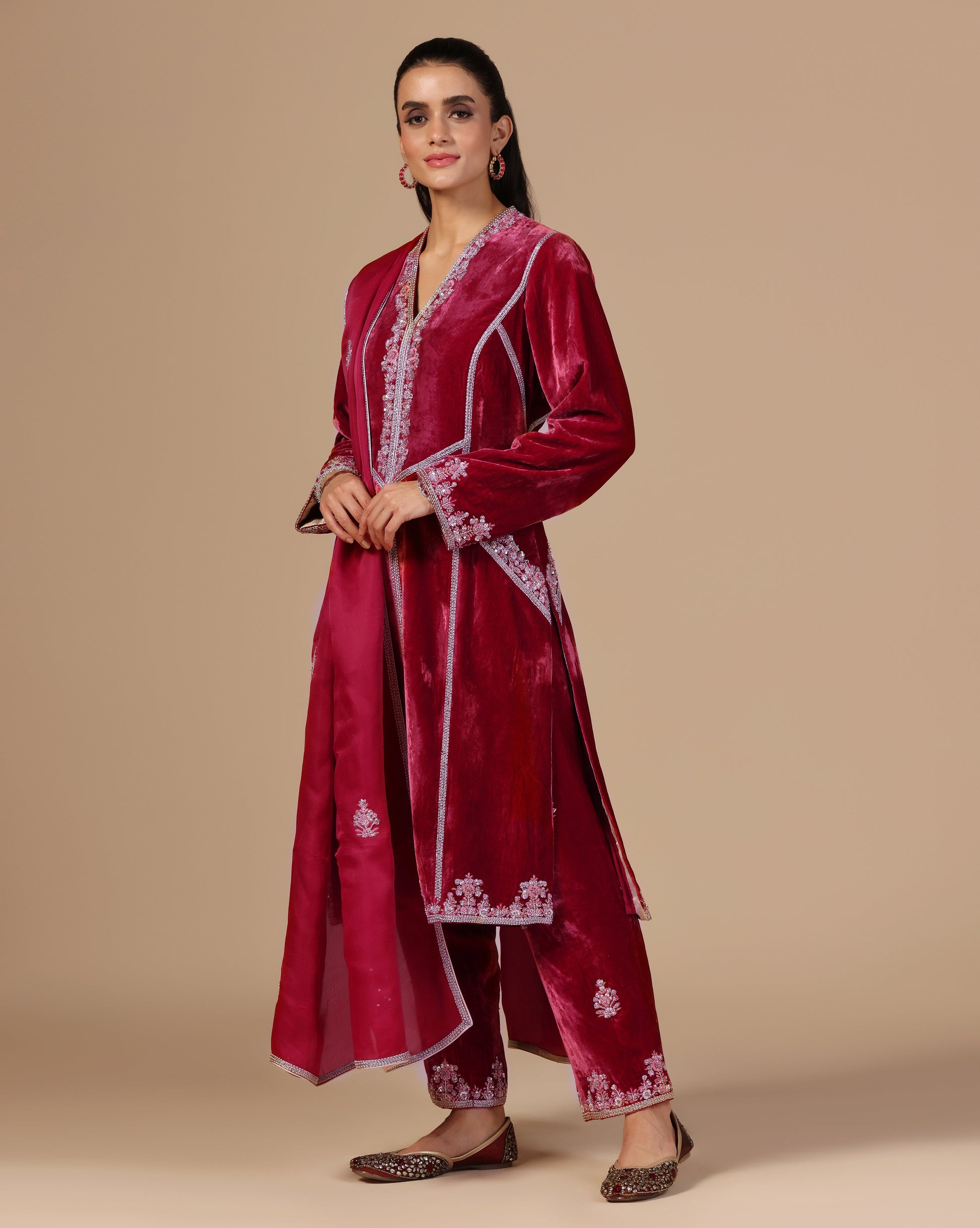Maroon Red Velvet Embroidered Kurta Set