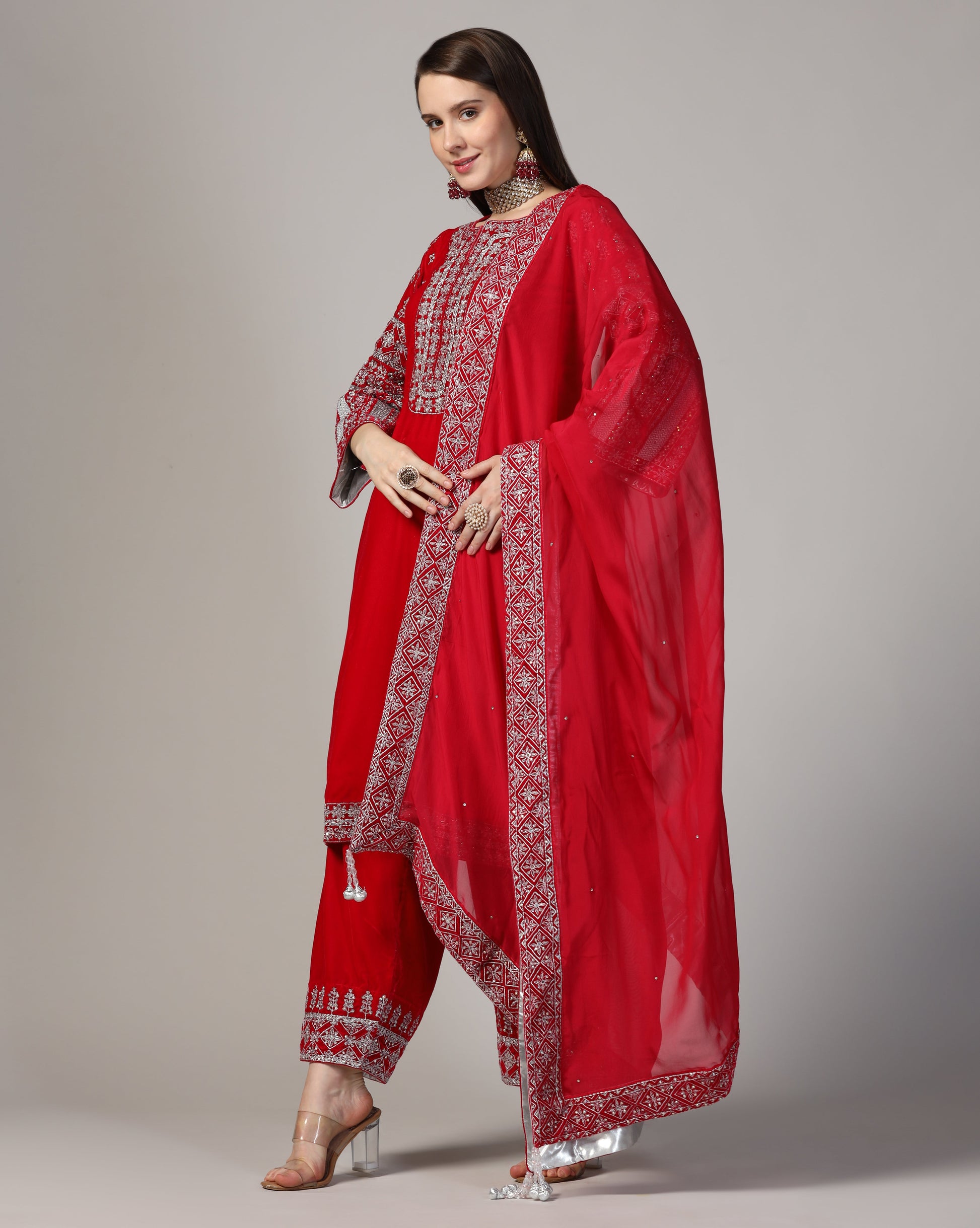 Velvet Hot Pink Silver Embroidered Kurta Set