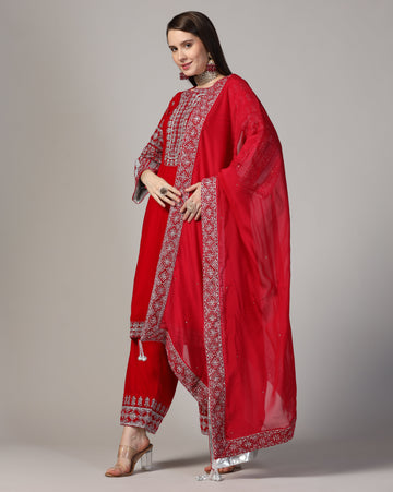 Velvet Hot Pink Silver Embroidered Kurta Set