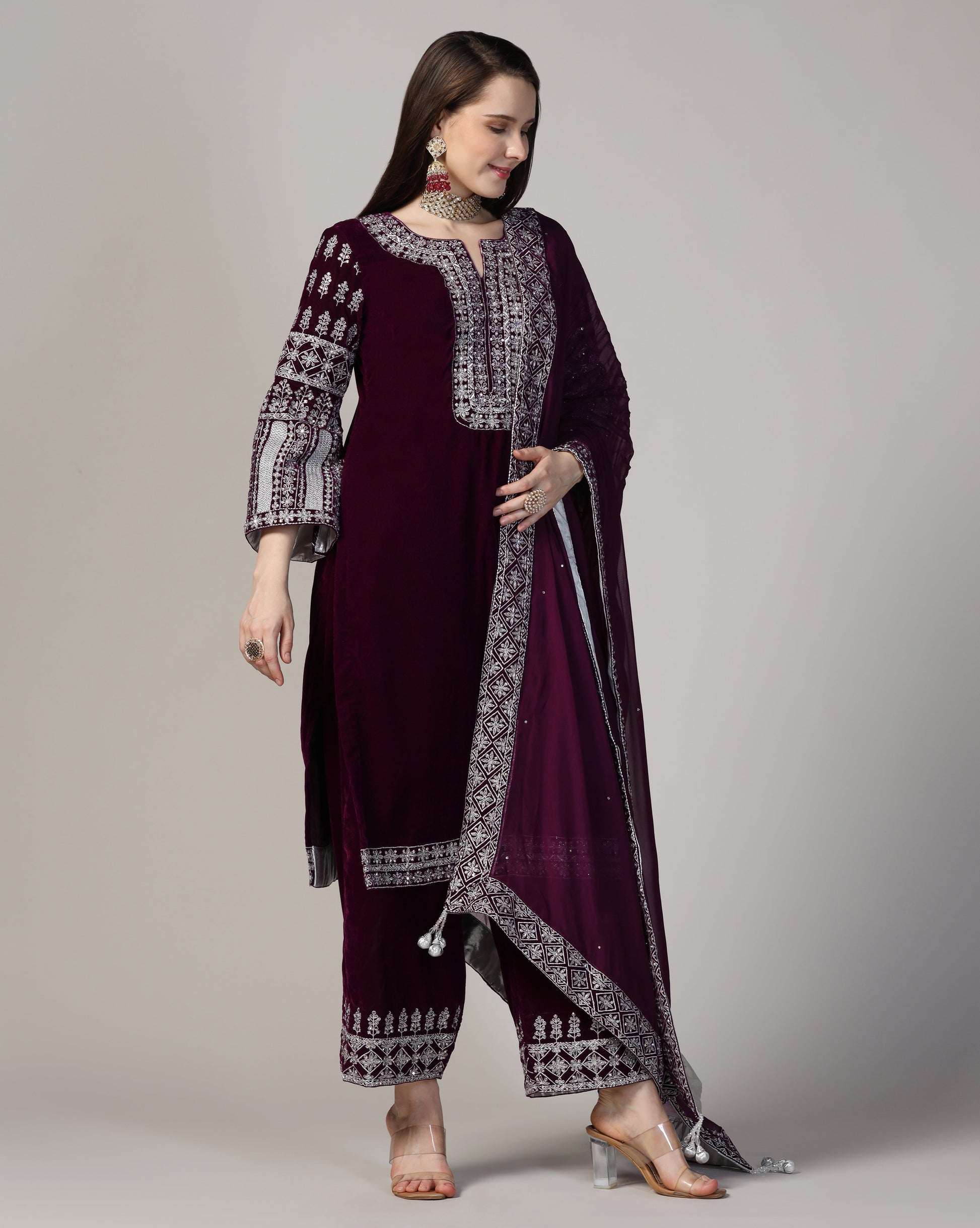 Velvet Royal Wine Silver Embroidered Kurta Set