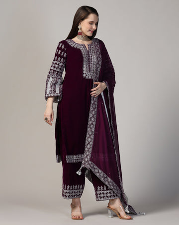 Velvet Royal Wine Silver Embroidered Kurta Set