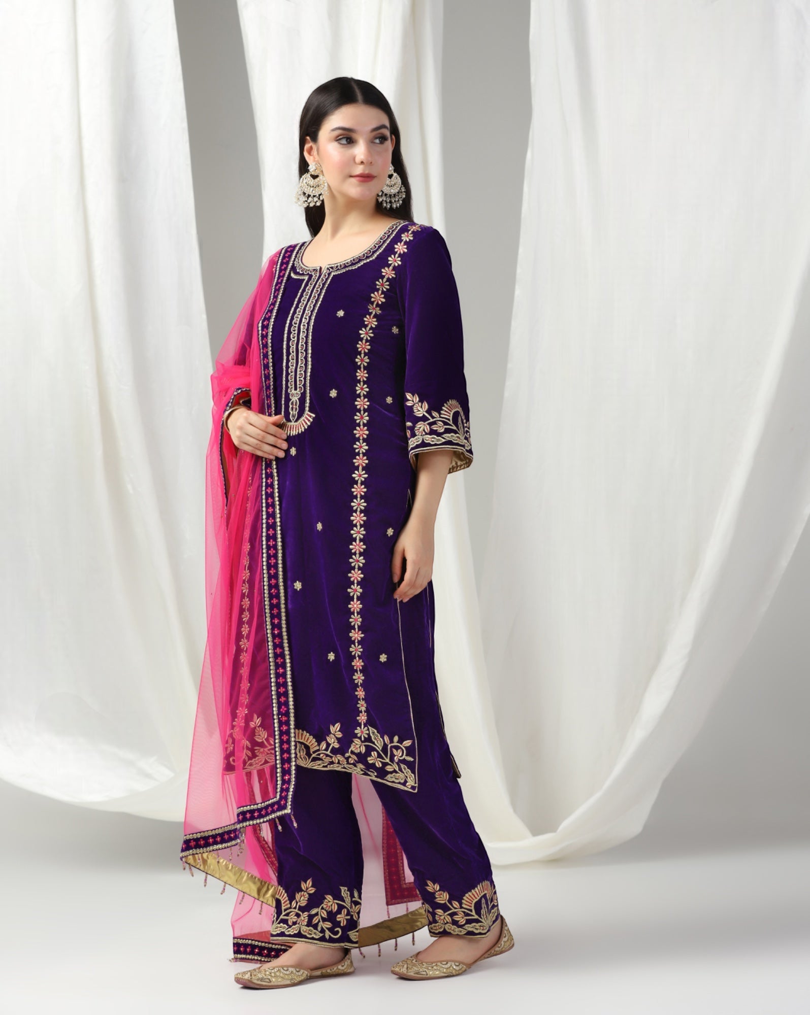 Velvet Zari Embroidered Kurta Set