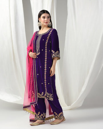 Velvet Zari Embroidered Kurta Set