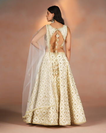 Ivory Dupion Silk Mirror Work Lehenga