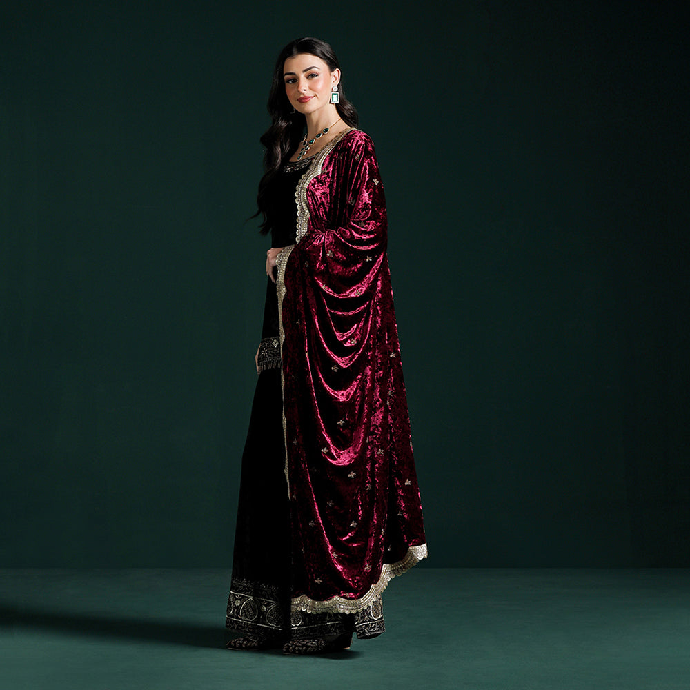 Velvet Black Maroon Kurta Sharara Set