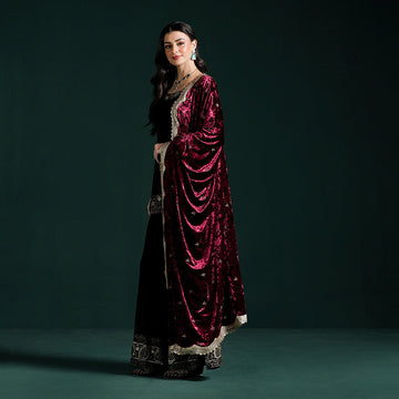 Velvet Black Maroon Kurta Sharara Set