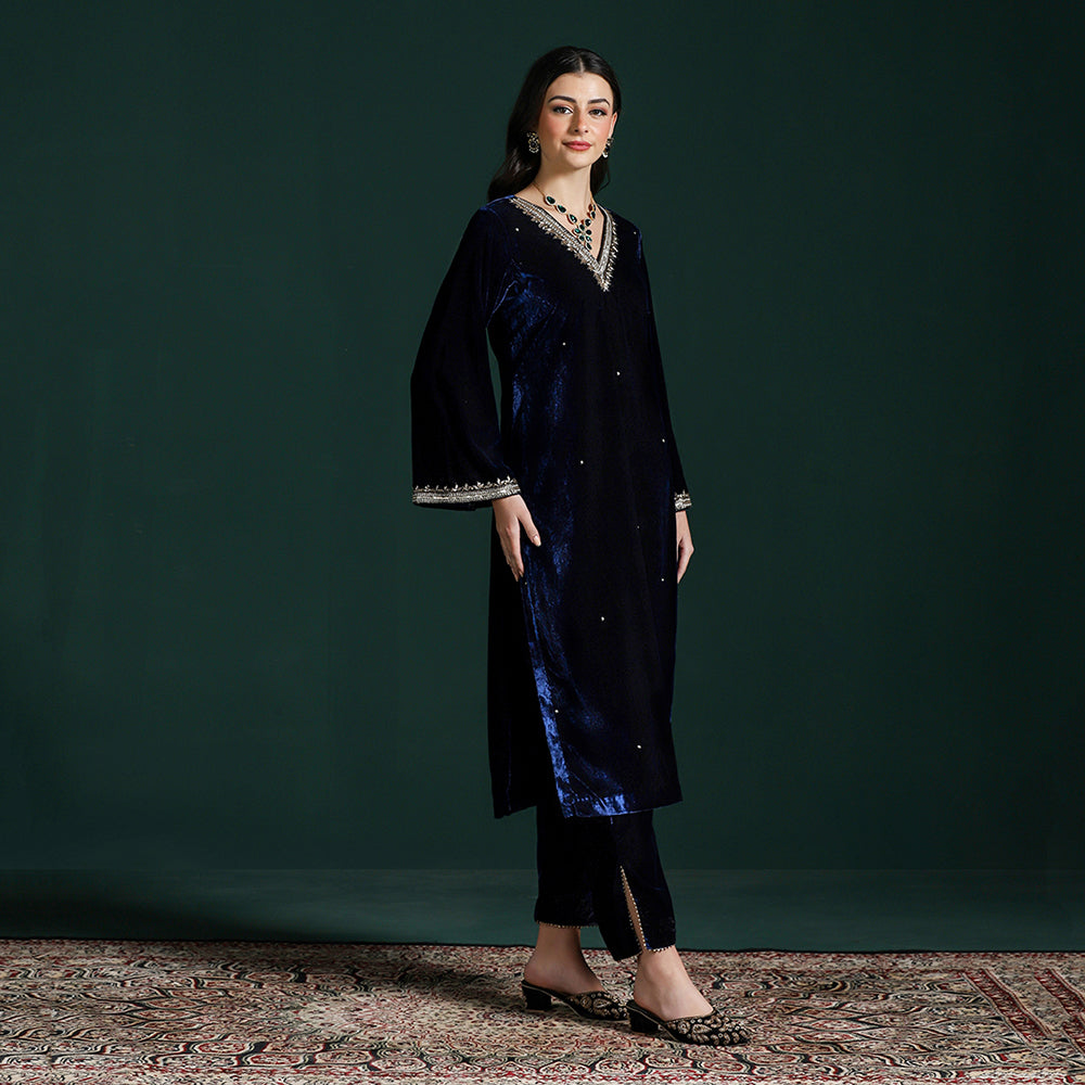 Velvet Blue Embroidered Kurta Set