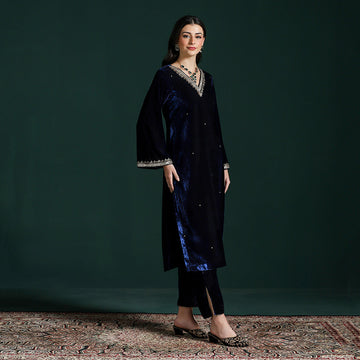 Velvet Blue Embroidered Kurta Set