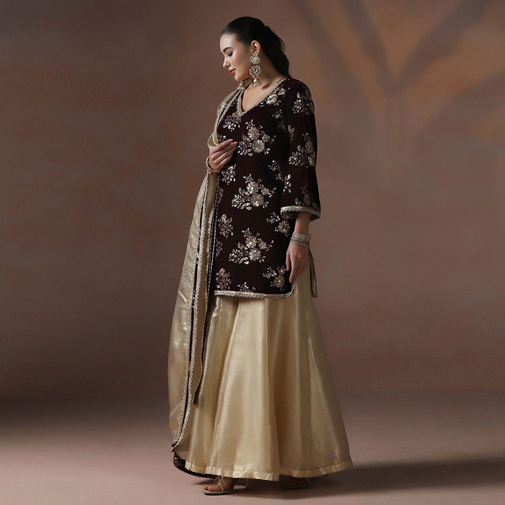 Velvet Maroon Gold Kurta Sharara Set