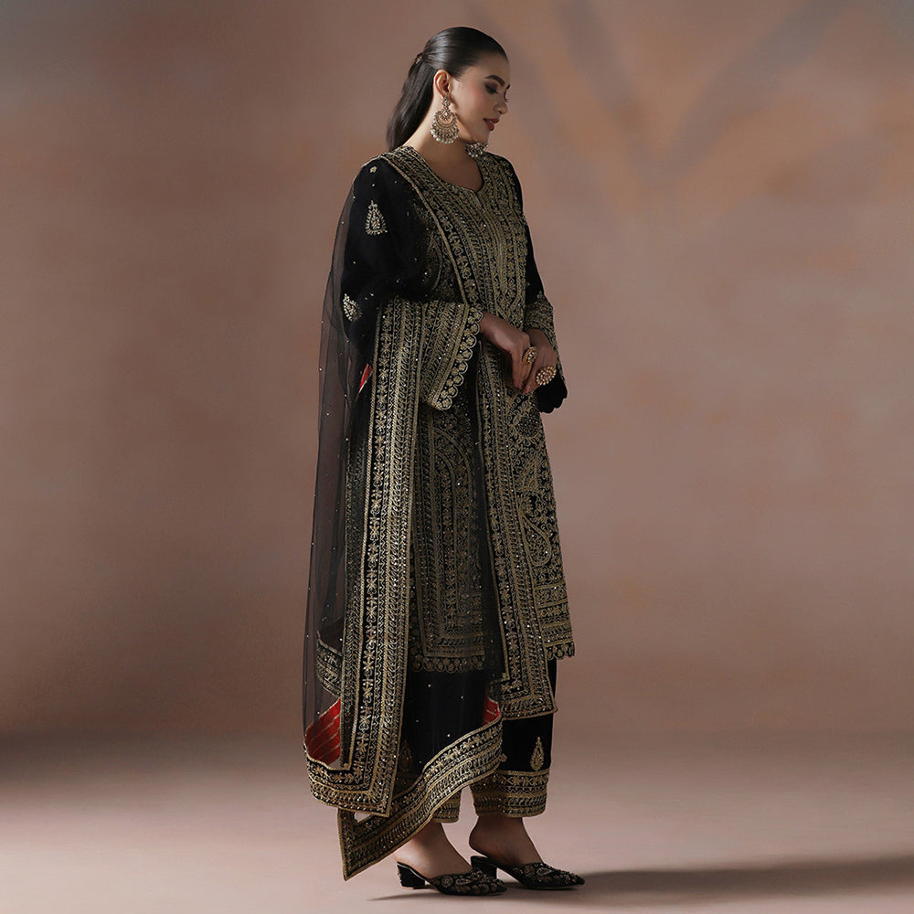 Black Velvet Dori Embroidered Kurta Set