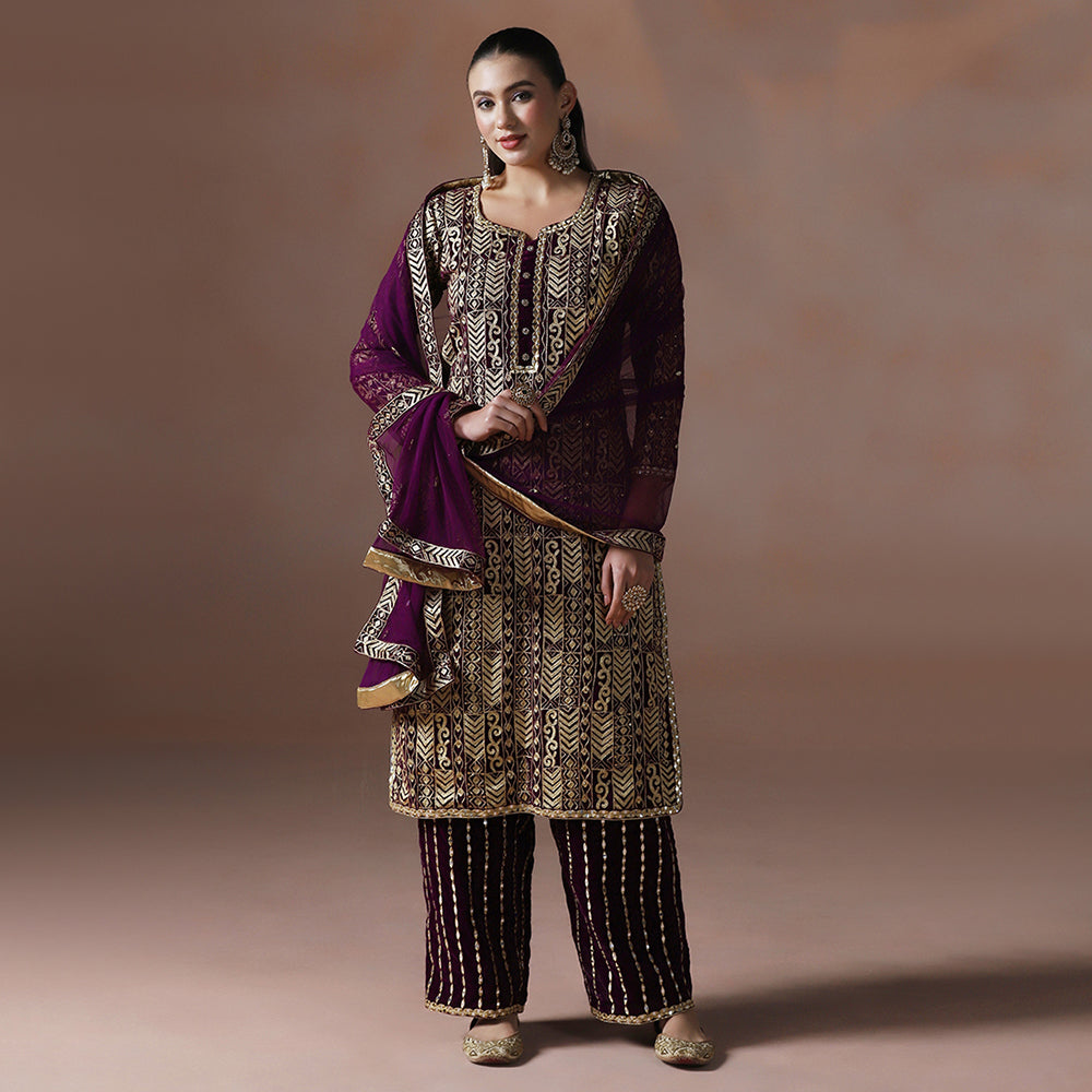 Wine Velvet Aari Mirror Embroidered Kurta Set