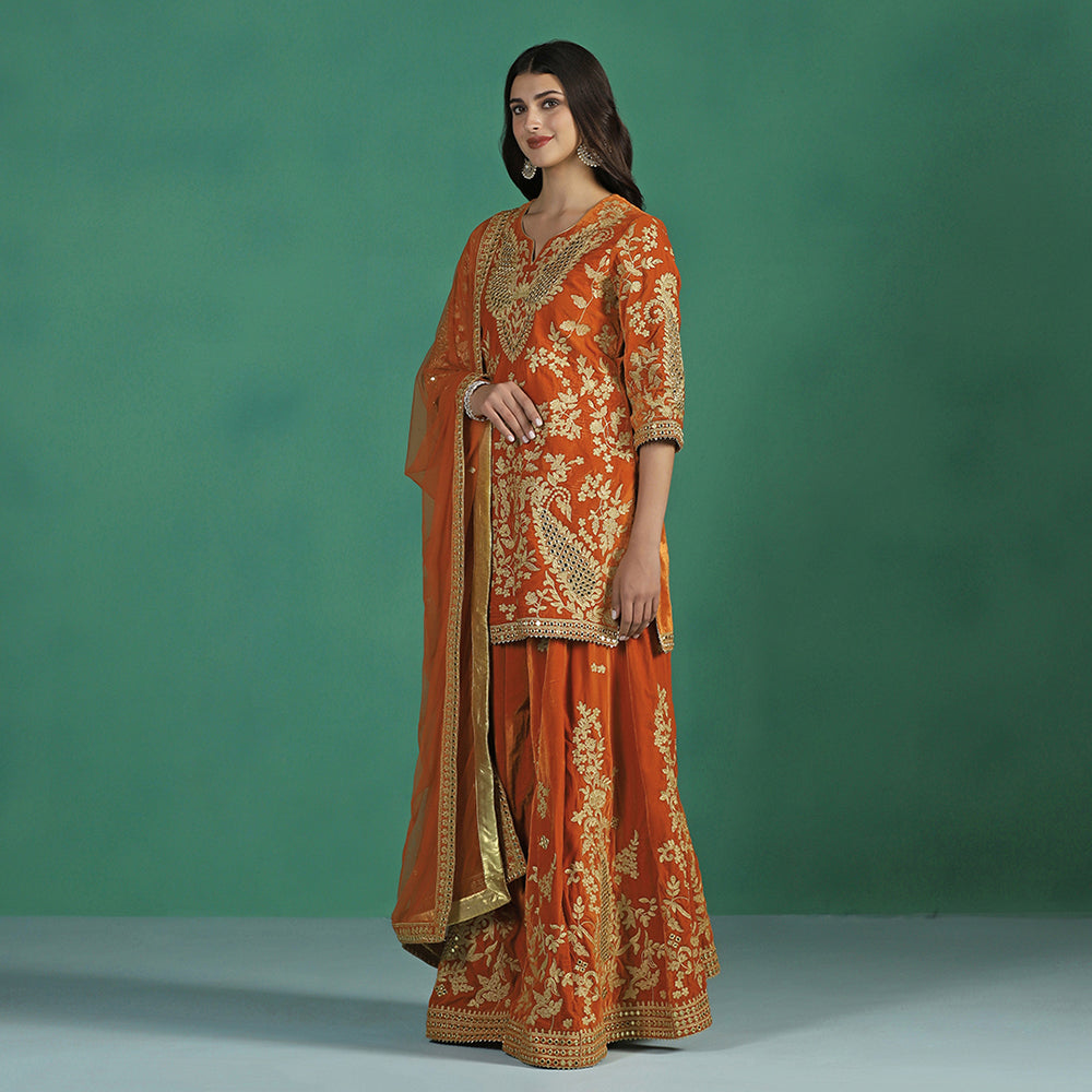 Velvet Orange Kurta Sharara Set