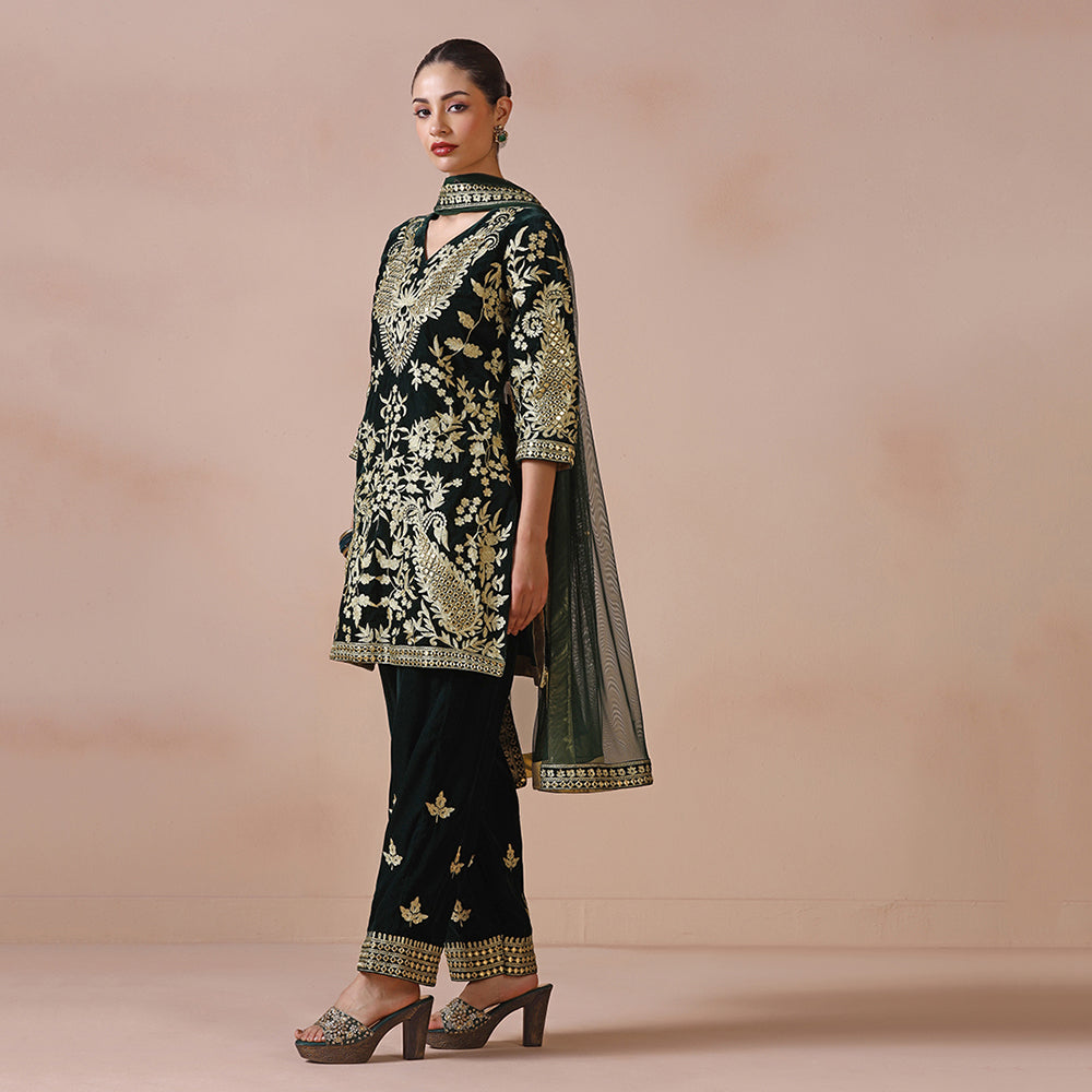 Velvet Deep Green Kurta Set