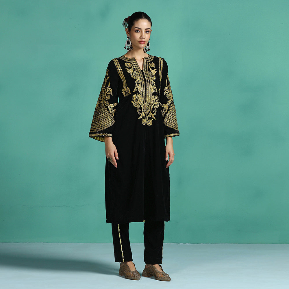 Black Velvet Embroidered Kurta Set