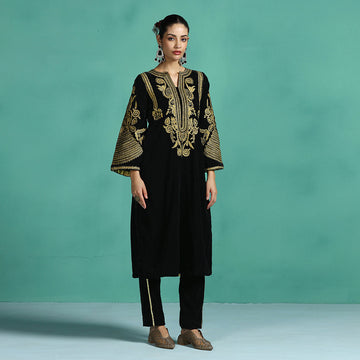 Black Velvet Embroidered Kurta Set