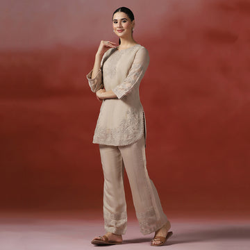 Beige Embroidered CO-ORD Set
