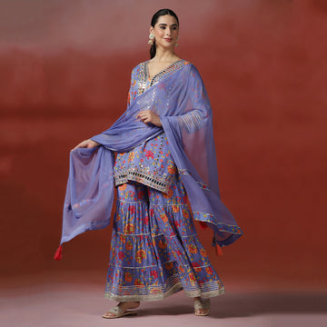 Printed Mirror Work Kurta with Sharara Set