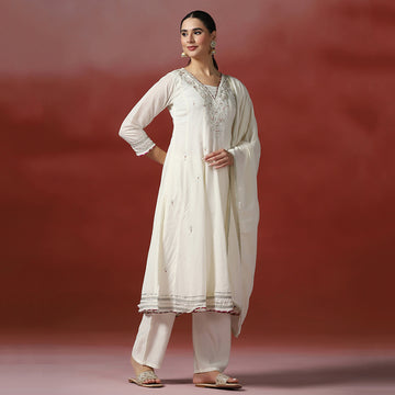 Elegant White Embroidered Gotta Anarkali Set