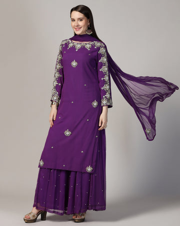 Hand Embroidered Purple Georgette Kurta With Sharara & Dupatta