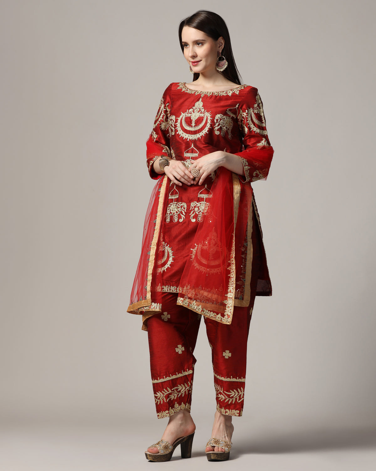 Maroon Aari Embroidered Kurta Set With Dupatta