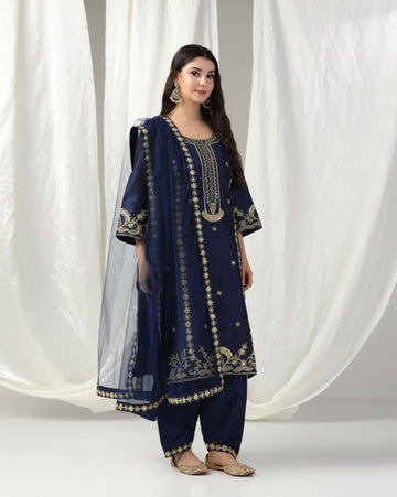Dark Blue Dori Embroidery Kurta Set with Dupatta