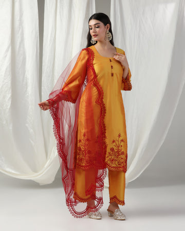 Bright Yellow Aari Embroidery Kurta Set With Dupatta