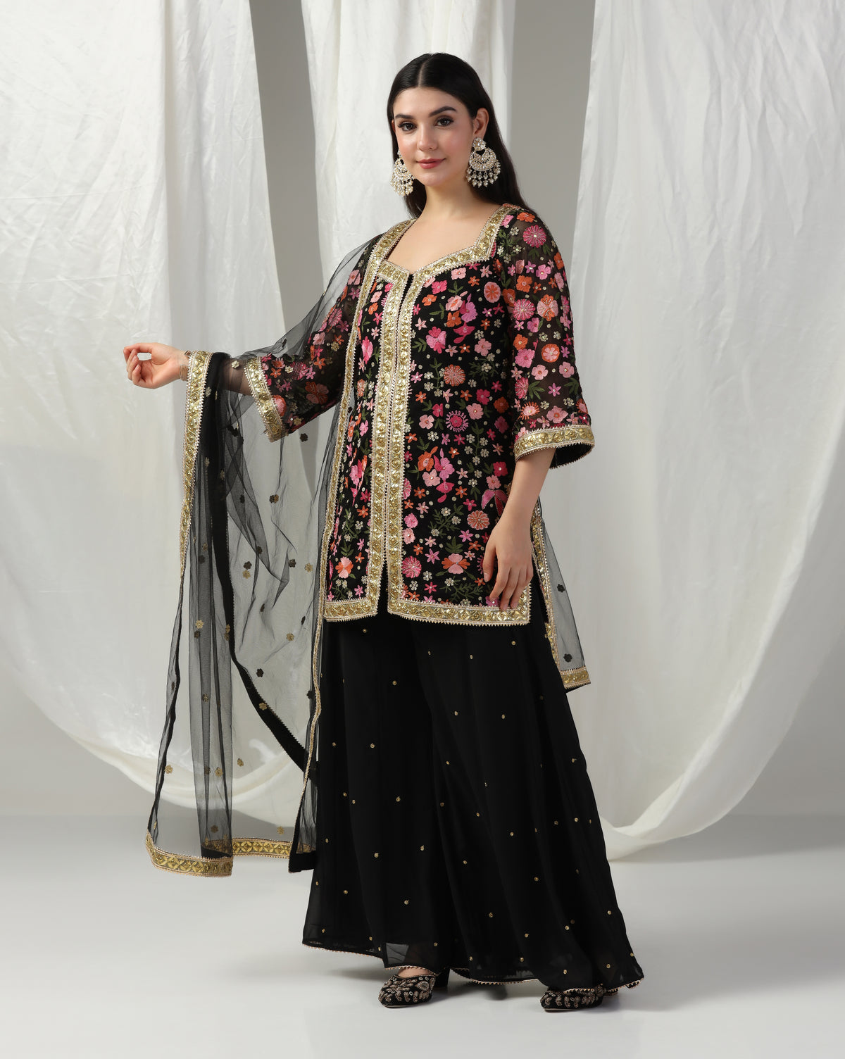Multi Color Embroidered Kurta With Sharara & Dupatta