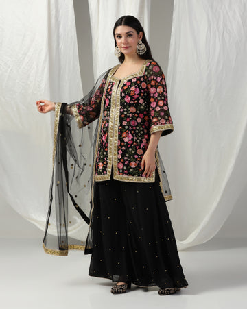 Multi Color Embroidered Kurta With Sharara & Dupatta