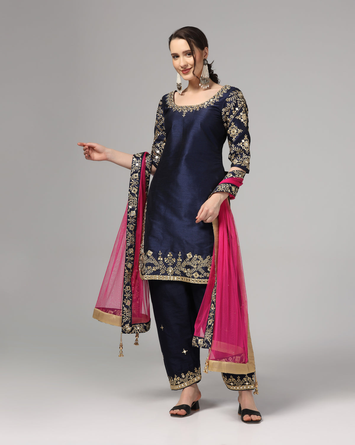 Blue Dupion Silk Suit With Blue Dupatta Zari Thread & Mirror Work.