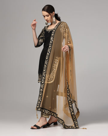 Black Dupion Silk Suit With Blue Dupatta Zari Thread & Mirror Work.