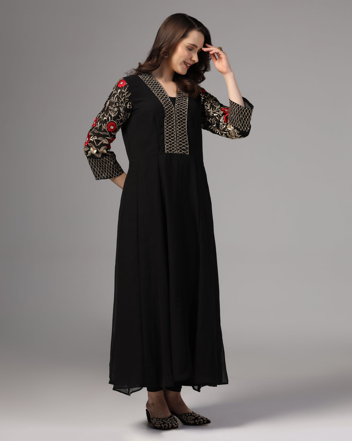 Georgette Black Embroidered Long Kurti