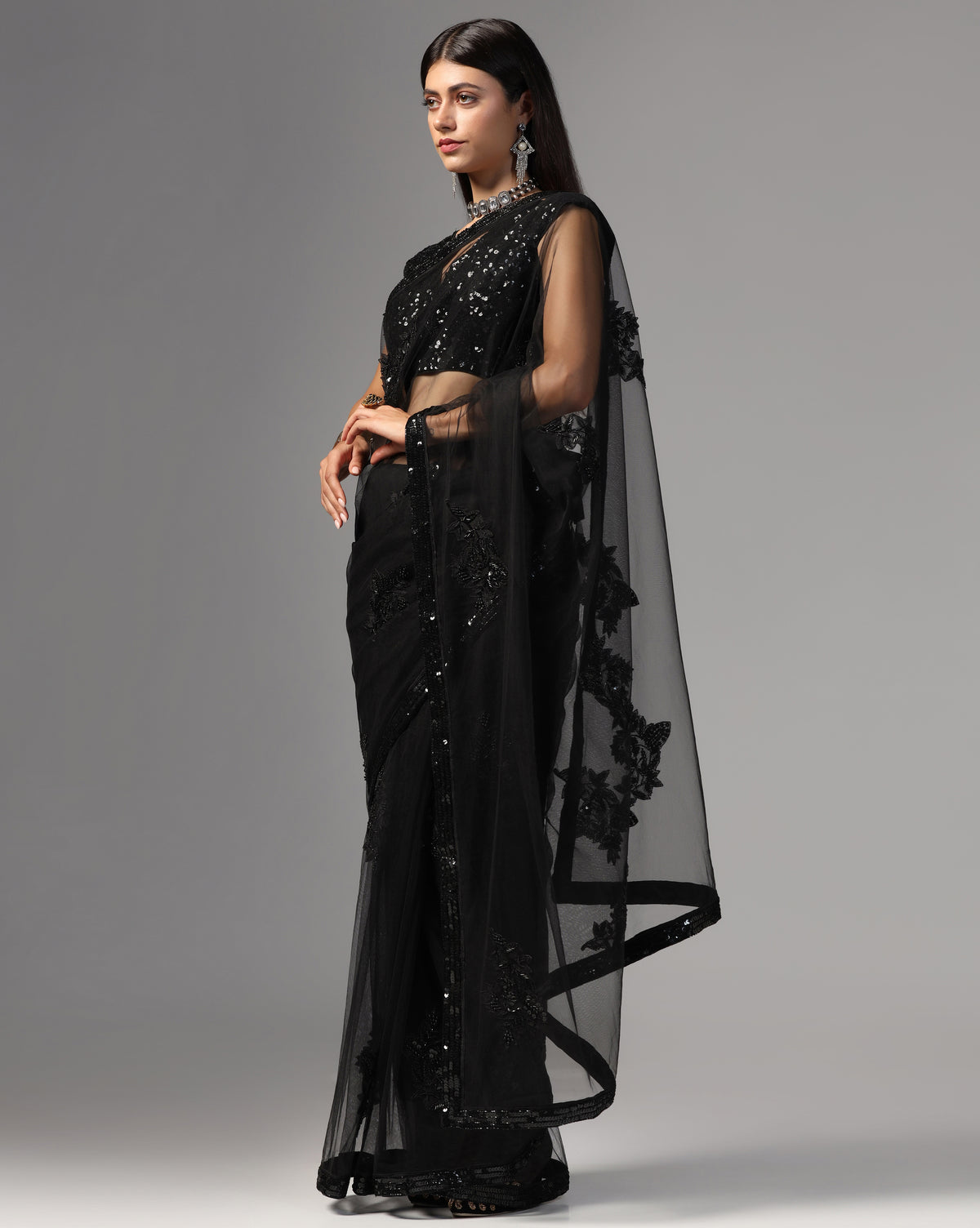 Black Net Hand Embroidered Saree