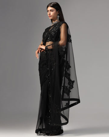 Black Net Hand Embroidered Saree