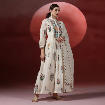 Cotton Embroidered Anarkali With Dupatta